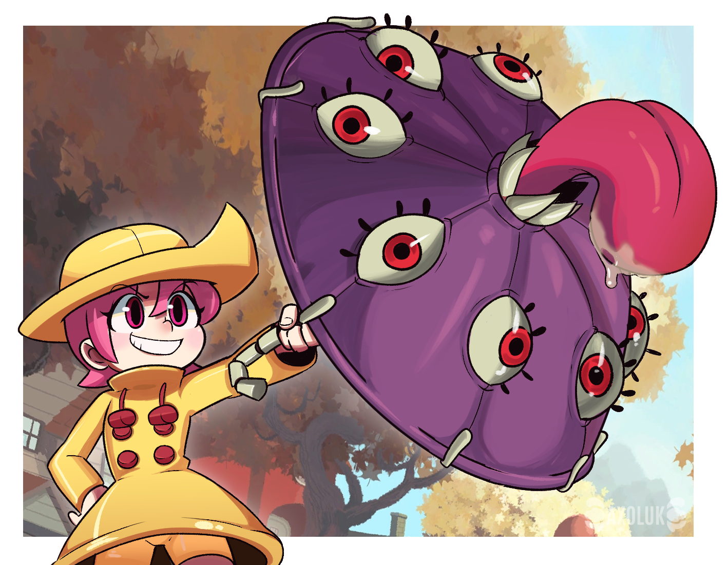 1girl autumn autumn_leaves axoluk blush_stickers border drooling grin hand_on_own_hip hat holding holding_umbrella hungern_(skullgirls) leaf pink_eyes pink_hair raincoat red_eyes short_hair shorts skullgirls smile solo tongue tongue_out tree umbrella umbrella_(skullgirls) white_border