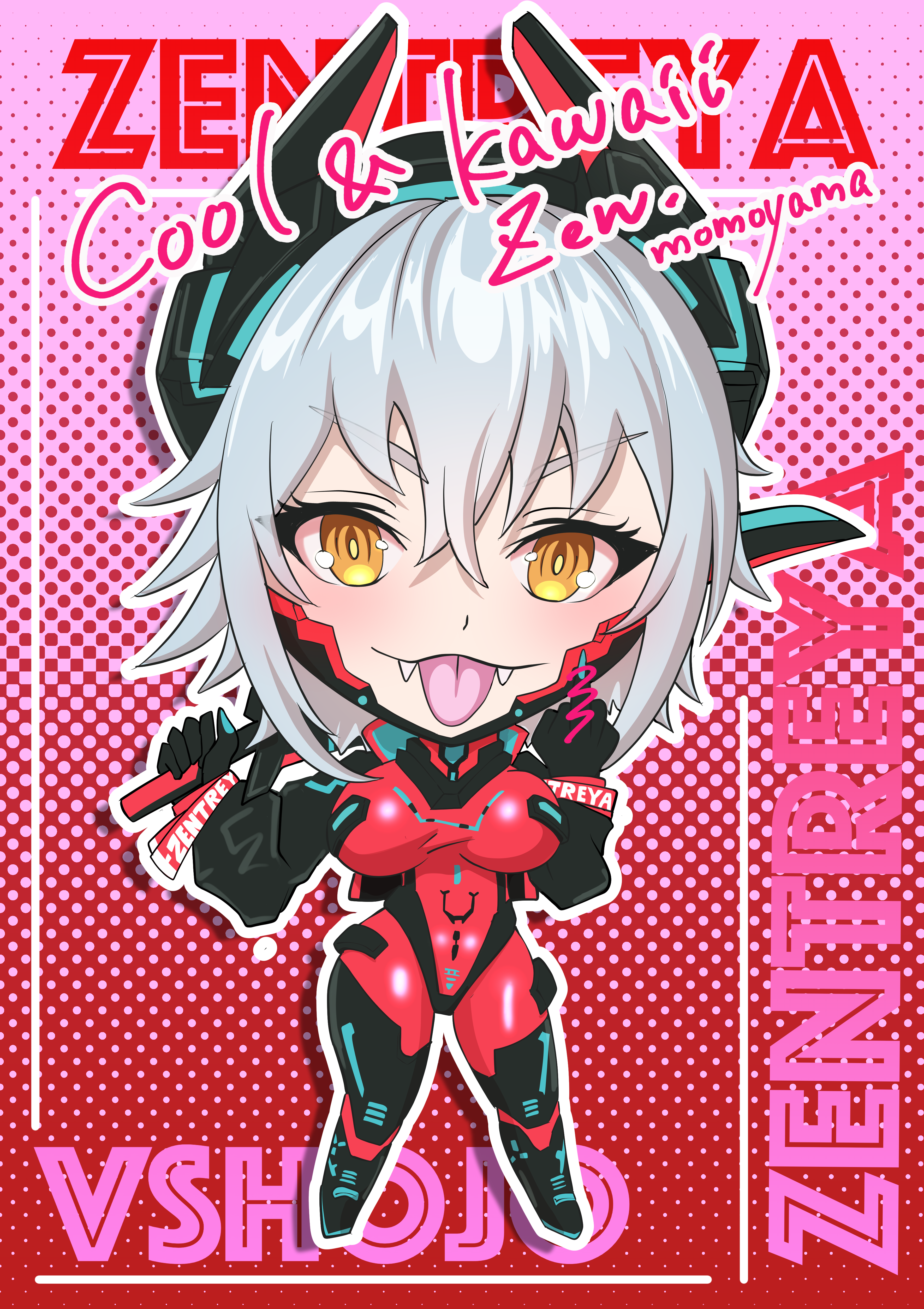1girl absurdres black_jacket bodysuit breasts character_name chibi copyright_name cropped_jacket fangs highres jacket large_breasts looking_at_viewer momoyama_tits power_symbol-shaped_pupils red_bodysuit short_hair smile solo symbol-shaped_pupils tongue tongue_out virtual_youtuber vshojo yellow_eyes zentreya zentreya_(cyborg) zentreya_(cyborg)_(1st_costume)