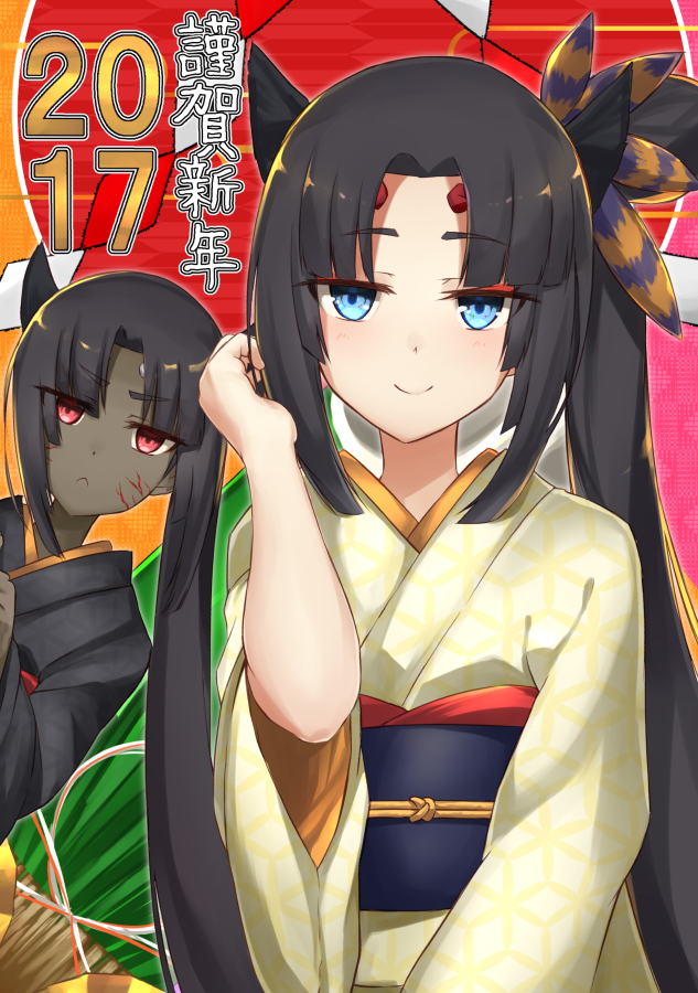 2017 2girls :&lt; bad_id bad_pixiv_id black_hair blue_eyes dark_persona fate/grand_order fate_(series) japanese_clothes kimono long_hair looking_at_viewer multiple_girls new_year pinta_(ayashii_bochi) red_eyes side_ponytail smile ushiwakamaru_(corrupted)_(fate) ushiwakamaru_(fate)