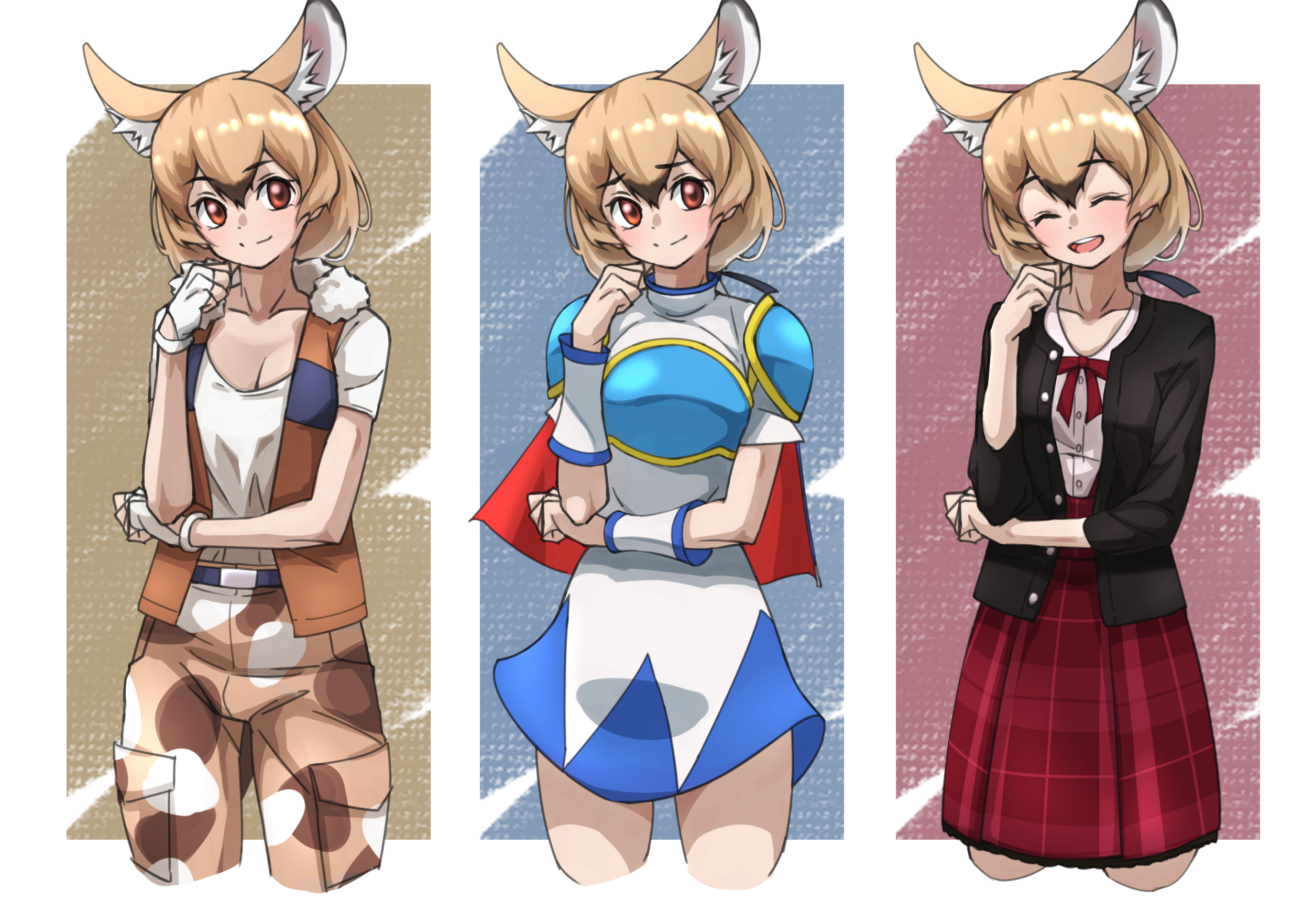 1girl animal_ears arle_nadja arle_nadja_(cosplay) armor belt black_jacket blue_shirt blue_skirt blush bow bowtie brown_hair brown_pants brown_vest camouflage camouflage_pants cape collarbone cosplay cowboy_shot extra_ears fur_collar gambian_rat_(kemono_friends) highres jacket kemono_friends kemono_friends_3 light_brown_hair mouse_ears mouse_girl mouse_tail multicolored_hair multiple_views official_alternate_costume open_clothes open_jacket pants pauldrons plaid_clothes plaid_skirt pleated_skirt puyopuyo red_bow red_bowtie red_cape red_eyes red_skirt school_uniform shirt short_hair short_sleeves shoulder_armor skirt t-shirt tail tanabe_(fueisei) vest white_fur white_hair white_shirt