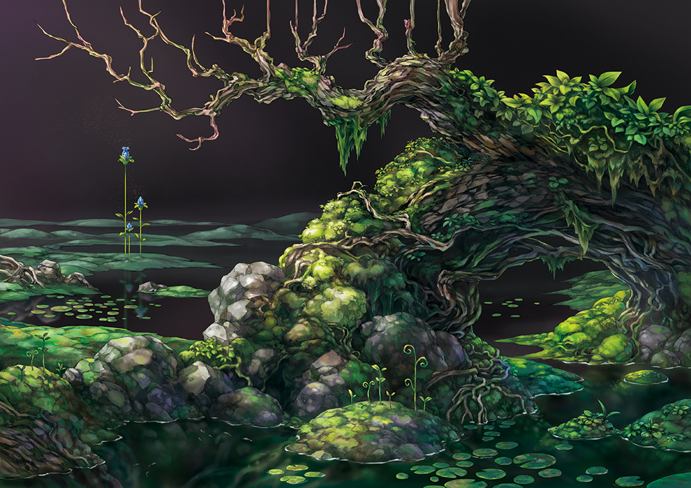 branch leaf lily_pad moss night no_humans original outdoors plant plant_roots rock scenery tree water yukoiwase
