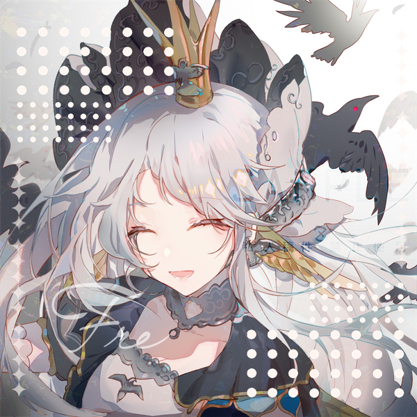 1girl ^_^ animal_print artist_name bird bird_print bird_wings black_jacket bonnet brown_wings choker closed_eyes collarbone commission crow crown eyelashes feathered_wings flock fre_(haochilanzuo) frilled_jacket frills gold_crown gradient_background grey_background grey_choker grey_hair head_wings jacket liquid_from_eyes long_hair lower_teeth_only mini_crown open_clothes open_jacket open_mouth original sample_watermark shirt smile solo teeth upper_body very_long_hair watermark watermark_grid white_background white_bonnet white_shirt wings