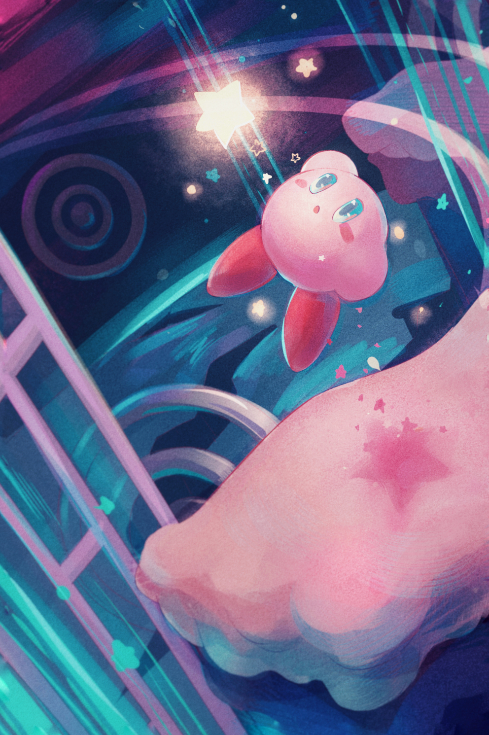 :o blue_eyes blush_stickers chinese_commentary cloud colored_skin commentary_request floating fountain highres kirby kirby_(series) looking_at_object lying nintendo no_humans on_back open_mouth pink_skin red_shoes shoes solid_oval_eyes solo somayumi star_(symbol)