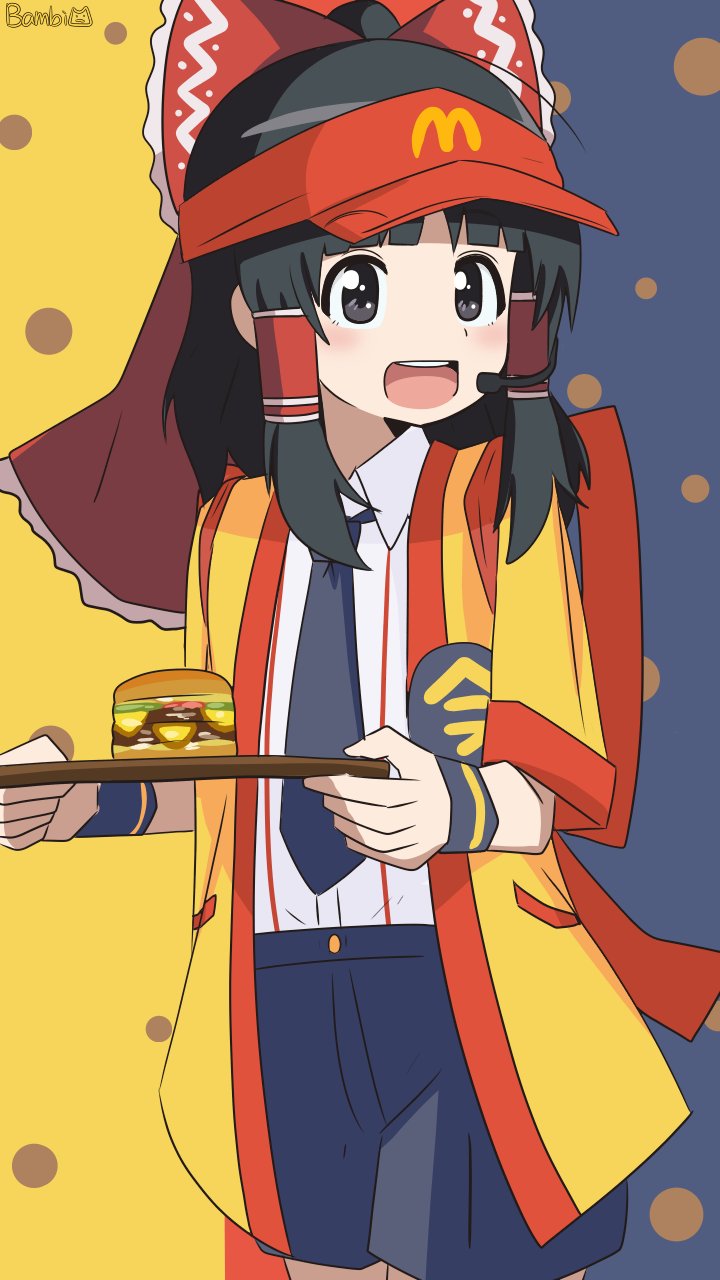alternate_costume badge bambi2000line burger button_badge cosplay employee_uniform fast_food_uniform food hakurei_reimu headset highres holding holding_tray imadake_dabuchi_tabemi imadake_dabuchi_tabemi_(cosplay) mcdonald&#039;s red_visor shirt striped_clothes striped_shirt tie_clip touhou tray visor_cap