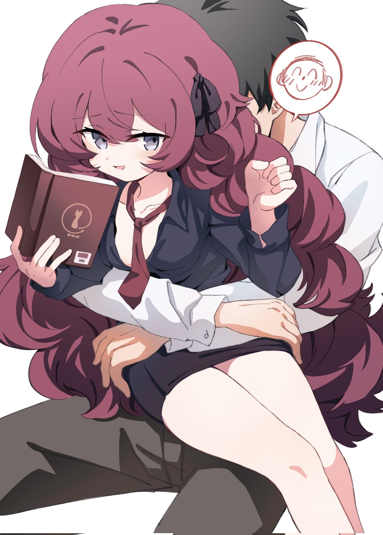 1boy 1girl bare_legs black_eyes black_pants black_shirt blue_archive book breasts doodle_sensei_(blue_archive) iroha_(blue_archive) long_hair male_sensei_(blue_archive) meng_yin necktie pants red_hair red_necktie sensei_(blue_archive) shirt simple_background sitting sitting_on_person small_breasts twitter white_background white_shirt