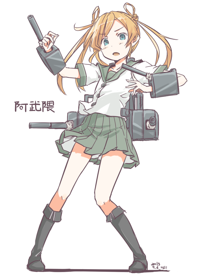 1girl abukuma_(kancolle) black_boots blue_eyes boots character_name commentary_request double_bun full_body hair_bun kantai_collection kawashina_(momen_silicon) long_hair open_mouth orange_hair pleated_skirt rigging sailor_collar school_uniform serafuku short_sleeves simple_background skirt solo standing twintails white_background