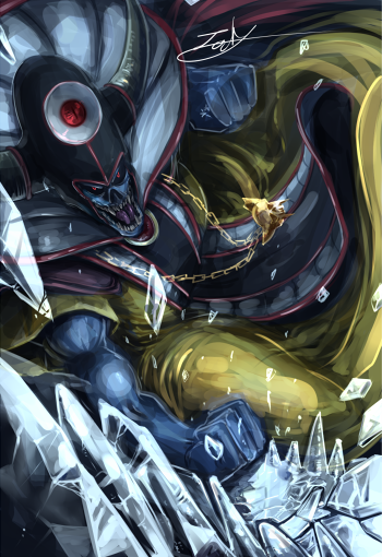 1boy black_sclera blue_skin cape clenched_hands colored_sclera colored_skin commentary_request dragon_quest dragon_quest_iii fake_horns floating_cape floating_clothes helmet horned_helmet horns ice jewelry kale male_focus muscular muscular_male necklace open_mouth red_cape red_eyes robe signature skull_necklace solo yellow_robe zoma