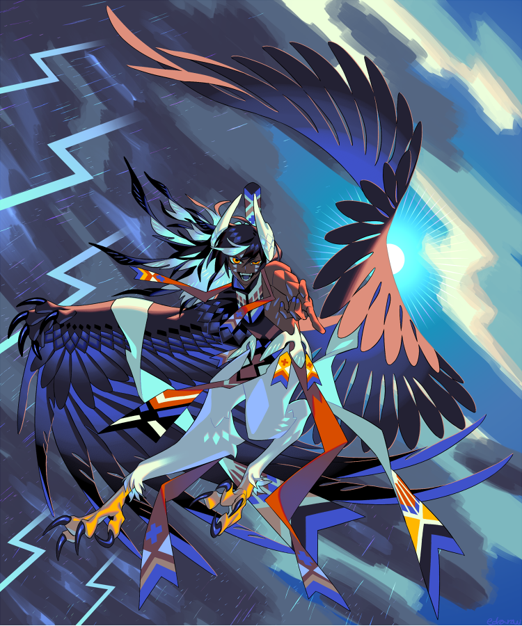 1boy animal_feet animal_hands bird_wings black_hair blue_background blue_wings brown_wings claws cloud colored_inner_hair colored_tongue dark-skinned_male dark_clouds dark_skin edarow facepaint feather_hair feather_hair_ornament feathered_wings feathers flying full_body grin hair_ornament harpy_boy horns lightning long_hair looking_at_viewer male_focus monster_boy multicolored_hair nail_polish open_mouth orange_eyes original pelvic_curtain personification pointing pointing_at_viewer purple_nails purple_tongue rain smile solo storm streaked_hair sun talons thunderbird_(mythology) two-tone_hair white_hair white_horns winged_arms wings
