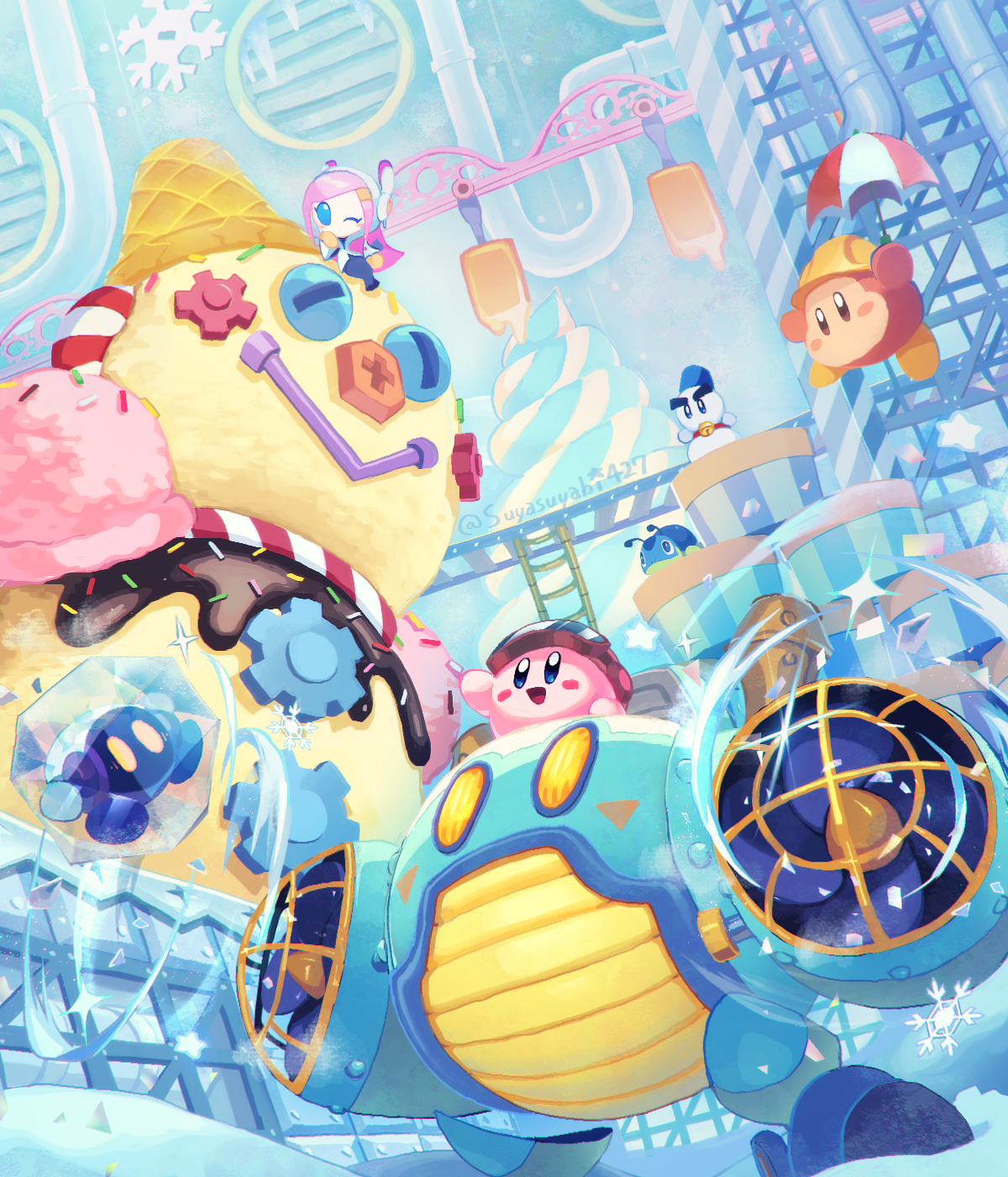 1girl chilly_(kirby) colored_skin electric_fan factory food gears haltworker hard_hat helmet highres holding holding_umbrella ice_cream kirby kirby:_planet_robobot kirby_(series) ladder nintendo one_eye_closed pink_hair pink_skin popsicle rayman_limbs robobot_armor smile snowflakes snowman solid_oval_eyes sprinkles susie_(kirby) suyasuyabi umbrella waddle_dee walf