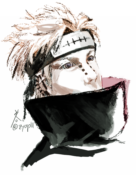 1boy akatsuki_uniform forehead_protector naruto_(series) naruto_shippuuden ninja orange_hair pain_(naruto) rinnegan short_hair simple_background solo upper_body white_background zifletts