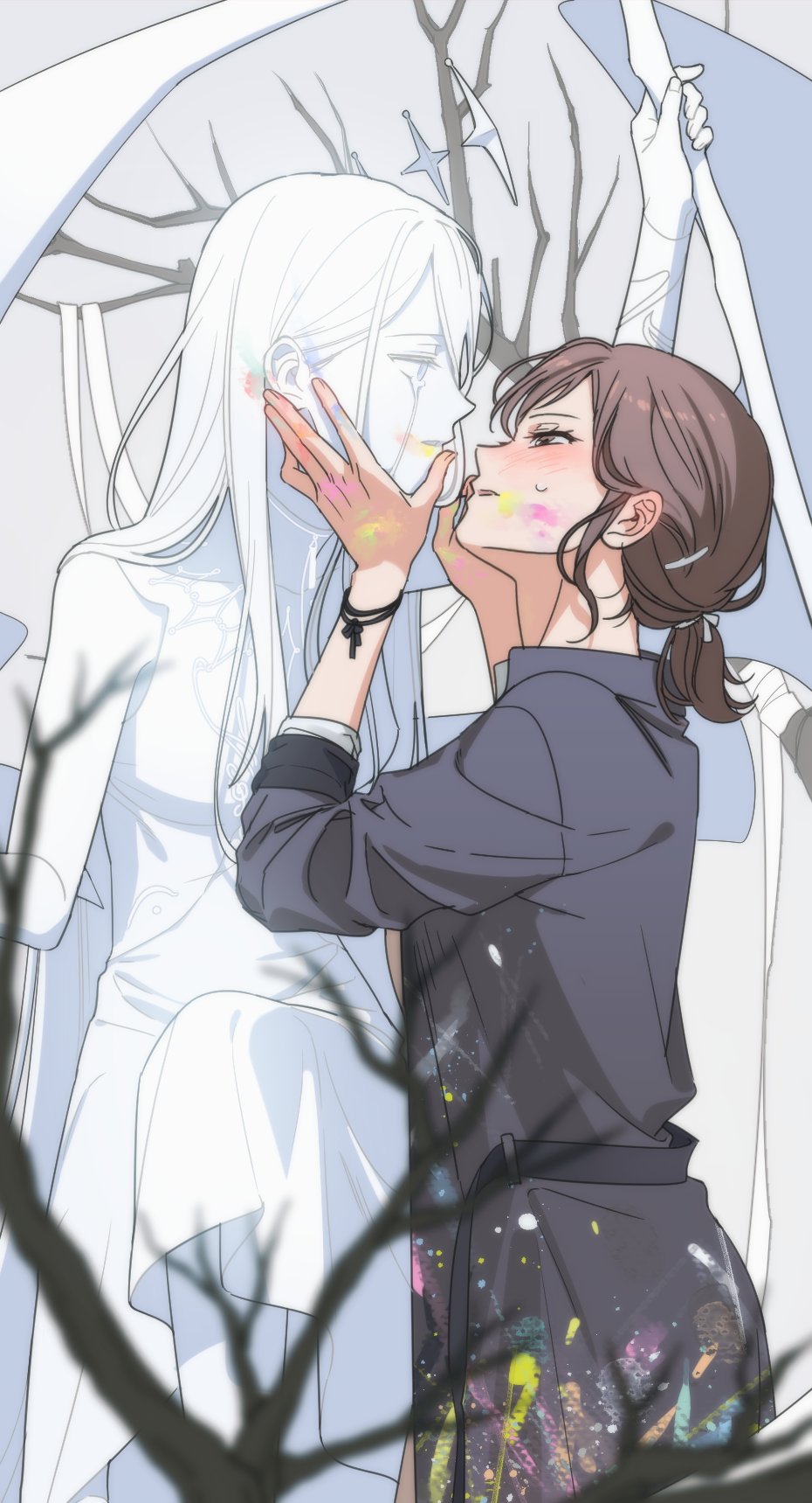 2girls belt blush bracelet brown_eyes brown_hair collared_shirt commentary highres holding holding_staff jewelry long_sleeves multiple_girls paint_splatter paint_splatter_on_face ponytail project_sekai shinonome_ena shirt short_ponytail sleeves_rolled_up staff statue sweatdrop symbol-only_commentary tears wangwange yoisaki_kanade yuri
