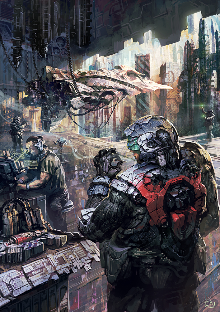 3boys armor cable cigarette city dannoura_yuuki glowstick male_focus mecha multiple_boys original power_armor power_suit realistic robot science_fiction signature smoke smoking soldier spacecraft spacesuit