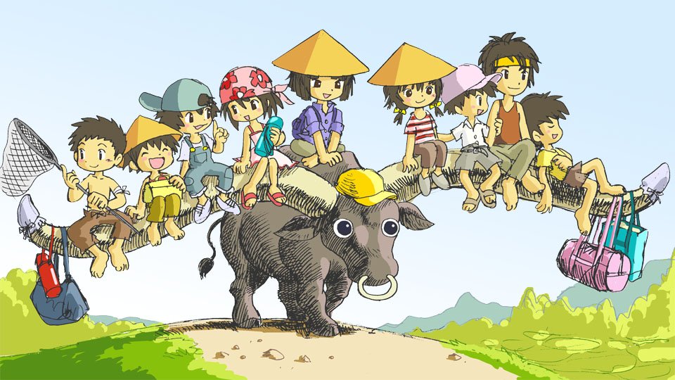 ^_^ bag bandaged_arm bandages baseball_cap blouse bob_cut bull child chinese_clothes closed_eyes collared_shirt day hat kabiinyo_(kab) luggage multiple_riders nose_piercing nose_ring original outdoors overalls piercing riding shirt sleeves_rolled_up striped_clothes striped_shirt topless_male unworn_bag
