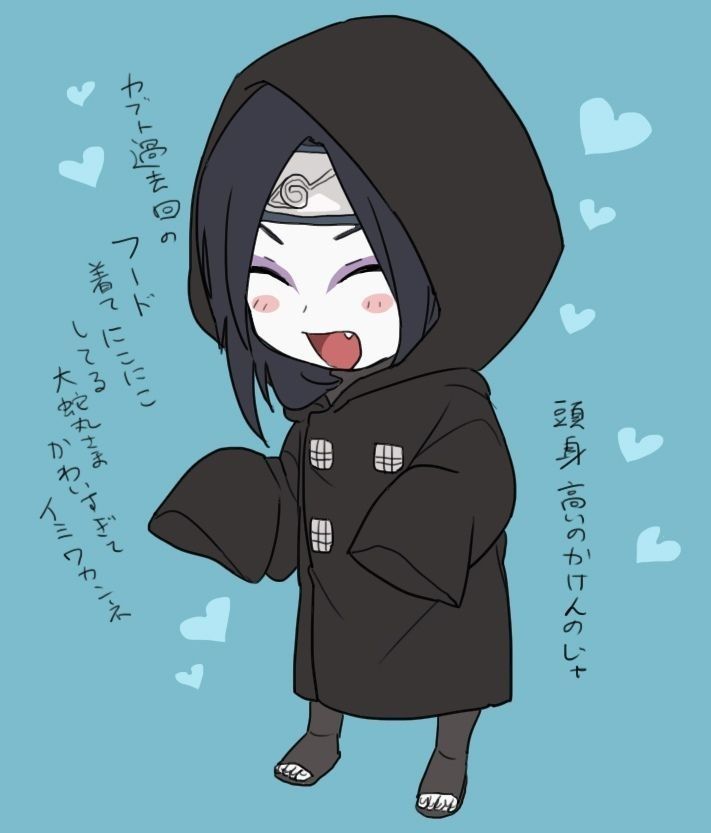 ^_^ black_cloak black_hair blue_background blush_stickers chibi cloak closed_eyes eyeliner fang forehead_protector happy heart hood hood_up hooded_cloak japanese_text kutuyatti long_sleeves makeup naruto_(series) naruto_shippuuden open_mouth orochimaru_(naruto) pale_skin sandals sleeves_past_fingers sleeves_past_wrists smile translated
