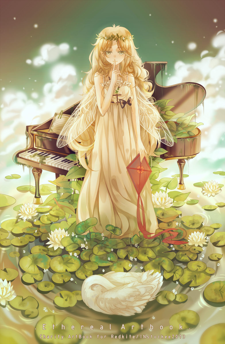 1girl bird blonde_hair cross cross_necklace dress fairy fairy_wings female_focus flower freckles green_eyes head_wreath highres instockeee instocklee instrument jewelry kite lily_pad long_hair looking_at_viewer lotus md5_mismatch necklace original piano pointy_ears resolution_mismatch smile solo source_larger swan water wings