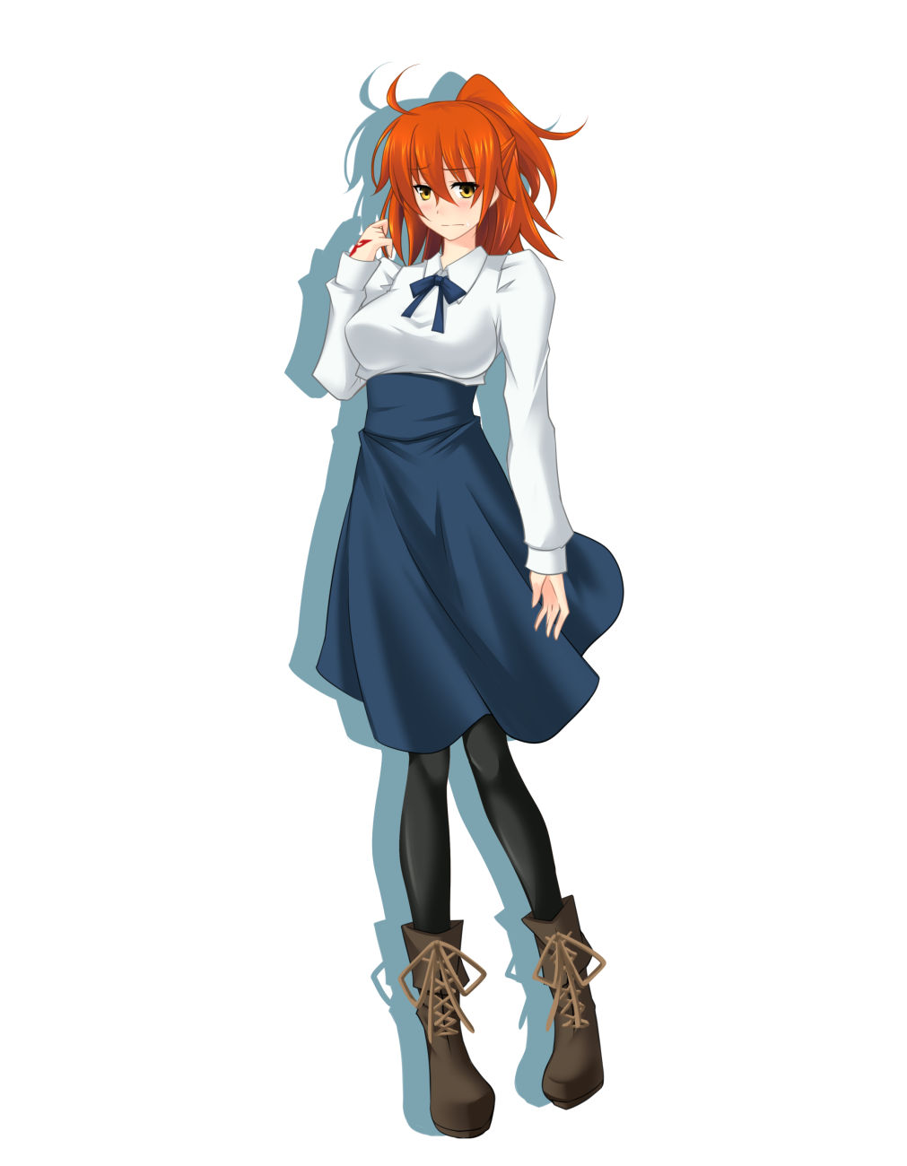 1girl ahoge artoria_pendragon_(fate) black_pantyhose blue_ribbon blue_skirt blush boots breasts brown_boots closed_mouth collared_shirt command_spell cosplay fate/grand_order fate/stay_night fate_(series) fujimaru_ritsuka_(female) fujimaru_ritsuka_(female)_(anniversary_blonde) full_body hair_between_eyes high-waist_skirt highres large_breasts long_hair long_sleeves medium_skirt neck_ribbon orange_hair pantyhose ribbon saber_(fate) saber_(fate)_(cosplay) shirt side_ponytail simple_background skirt smile solo standing tachi-e white_background white_shirt wing_collar yellow_eyes yustinos