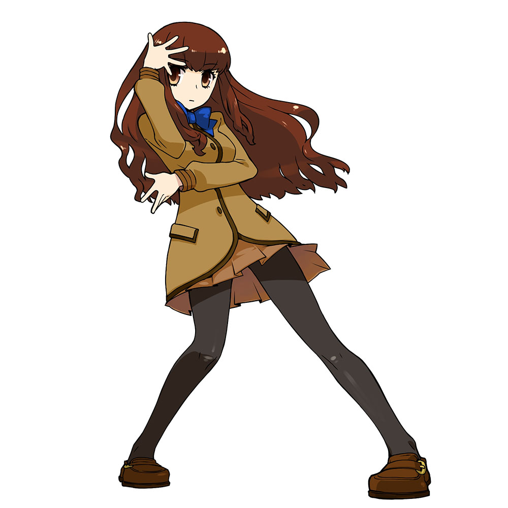 10s 1girl :| bad_fandom_id bad_id black_pantyhose blazer blue_bow blue_bowtie bow bowtie brown_eyes brown_hair brown_theme capsule_servant closed_mouth fate/extra fate_(series) female_focus full_body jacket jojo_pose kishinami_hakuno_(female) loafers long_hair medori official_art pantyhose school_uniform shoes skirt solo