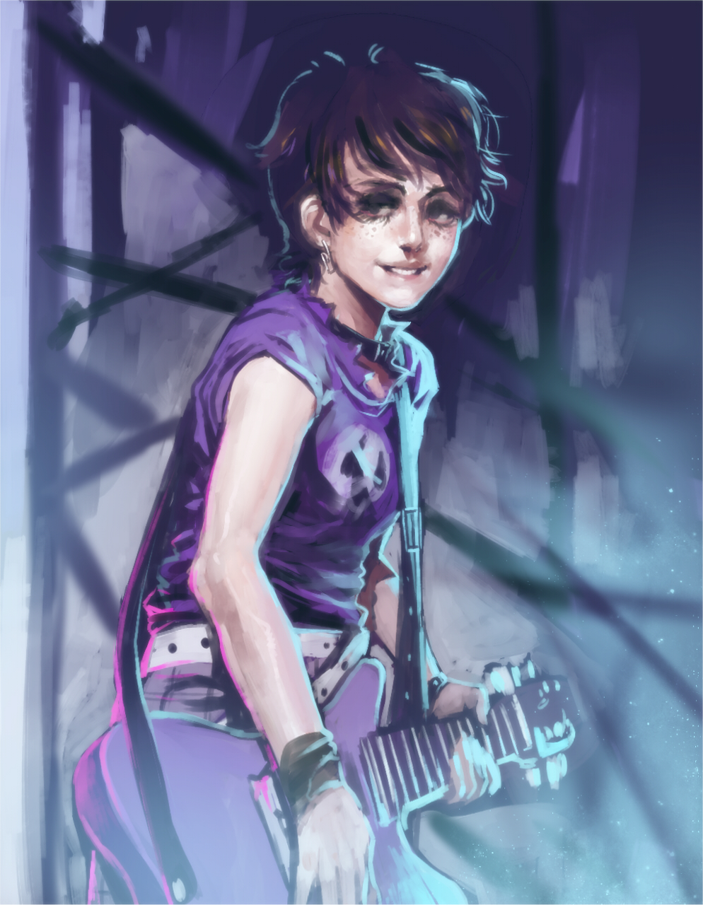 1girl belt belt_collar breasts brown_hair collar cowboy_shot earrings electric_guitar eyeshadow freckles guitar highres instrument jcm2 jewelry looking_at_viewer luna_loud makeup miniskirt paperclip_earrings plaid_clothes plaid_skirt purple_eyeshadow purple_skirt realistic shirt short_hair skirt skull_print small_breasts smile solo standing t-shirt the_loud_house torn_clothes torn_shirt white_belt
