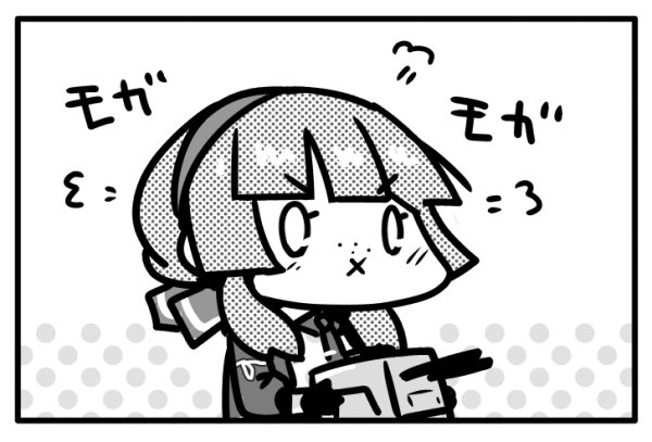 1girl adapted_turret ben-day_dots blunt_bangs blunt_sidelocks chibi curse_(023) greyscale hair_ribbon kantai_collection long_hair military_uniform mogador_(kancolle) monochrome ribbon screentones sidelocks solo upper_body x_mouth