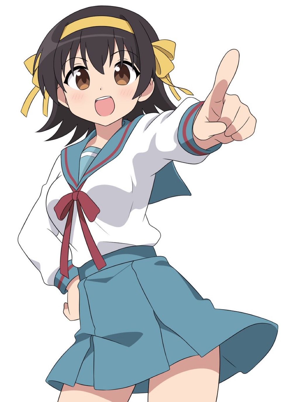 64vii azumanga_daiou blue_sailor_collar blue_skirt breasts brown_eyes brown_hair cosplay hair_ribbon hand_on_own_hip highres light_blush medium_breasts open_mouth pointing red_ribbon ribbon sailor_collar school_uniform shirt skirt suzumiya_haruhi suzumiya_haruhi_no_yuuutsu takino_tomo white_shirt yellow_ribbon