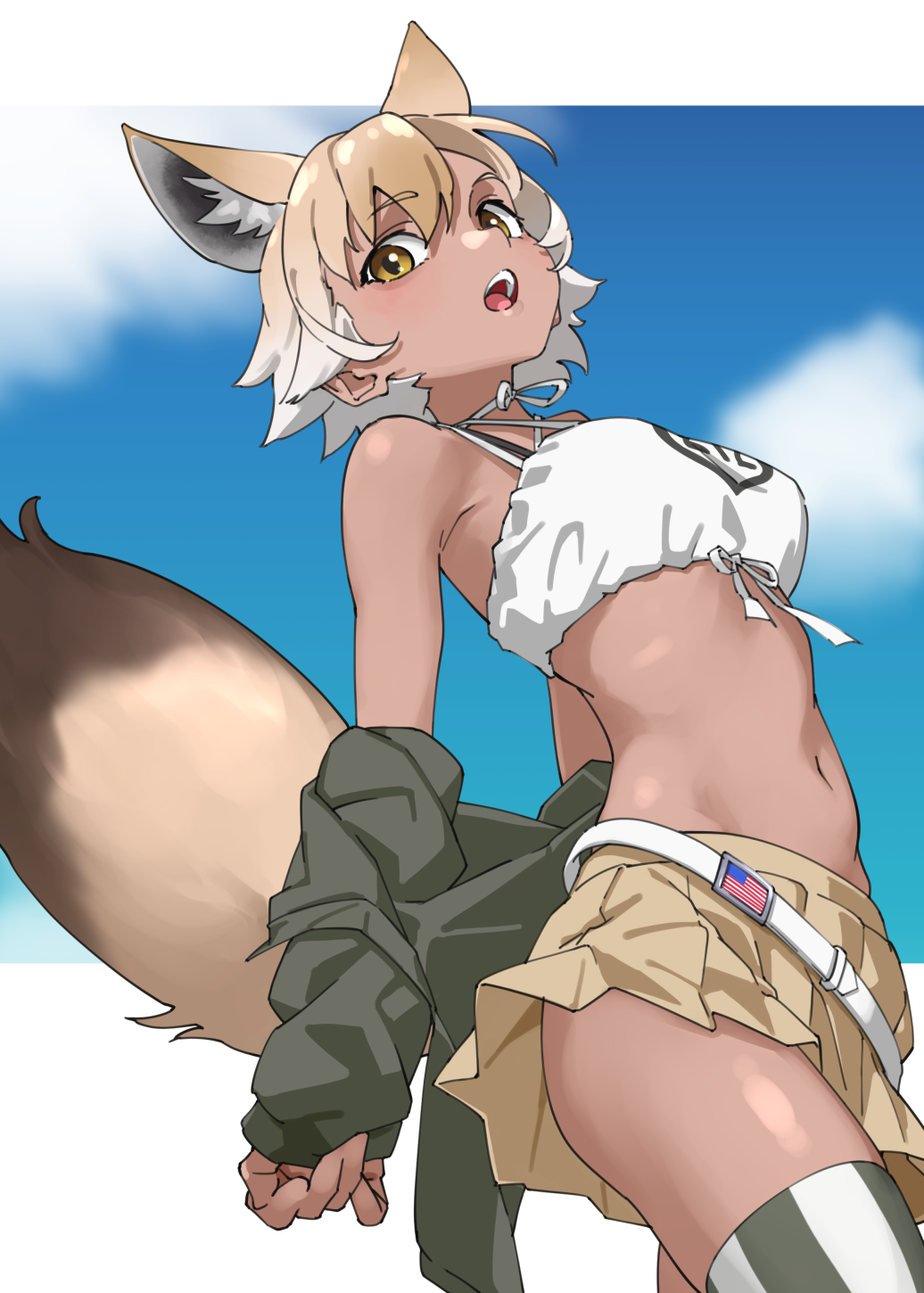 1girl animal_ear_fluff animal_ears bare_shoulders belt black_jacket breasts brown_eyes brown_hair brown_skirt clothes_pull commentary cowboy_shot coyote_(kemono_friends) dark-skinned_female dark_skin extra_ears hair_between_eyes highres jacket jacket_pull kemono_friends looking_at_viewer medium_breasts miniskirt navel open_mouth skirt solo stomach striped_clothes striped_thighhighs tail tanabe_(fueisei) teeth thighhighs upper_teeth_only vertical-striped_clothes vertical-striped_thighhighs white_belt white_hair wolf_ears wolf_girl wolf_tail