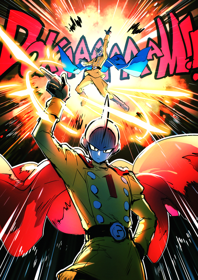 2boys blue_cape boots buttons cape closed_mouth colored_sclera colored_skin double-breasted dragon_ball dragon_ball_super dragon_ball_super_super_hero explosion gamma_1 gamma_2 gloves itsuki_(nightlight) jacket looking_at_viewer male_focus multiple_boys open_mouth pants red_cape sound_effects yellow_jacket yellow_pants yellow_sclera