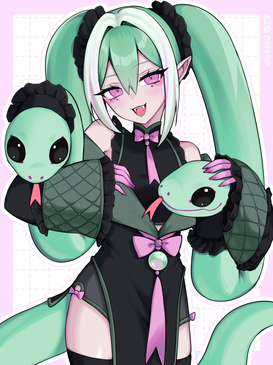 1girl alternate_costume alternate_eye_color artist_name bare_shoulders black_dress border borrowed_design cowboy_shot dress fangs frilled_dress frills green_hair hatsune_miku highres long_hair looking_at_viewer neck_ribbon open_mouth pink_border pink_eyes pink_ribbon pointy_ears ribbon side_slit sleeveless sleeveless_dress smile snake snake_hair snake_tail solo standing tail twintails vickie_(cryingrobot) vocaloid