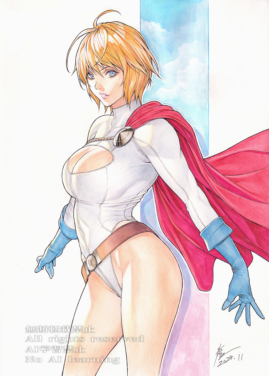1girl belt blonde_hair blue_eyes blue_gloves breasts cape cleavage cleavage_cutout clothing_cutout dc_comics gloves highleg highleg_leotard highres homare_(fool&#039;s_art) large_breasts leotard looking_at_viewer power_girl power_girl_(1976_costume) red_cape short_hair sleeved_leotard solo superhero_costume white_leotard
