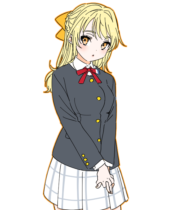 1girl black_jacket blonde_hair braid breasts collared_shirt commentary cowboy_shot dress_shirt hair_intakes half_up_braid jacket long_hair long_sleeves love_live! love_live!_nijigasaki_high_school_idol_club medium_breasts miniskirt miyashita_ai neck_ribbon nijigasaki_school_uniform orange_eyes parted_lips plaid_clothes plaid_skirt pleated_skirt red_ribbon ribbon school_uniform shinanoya_(satanicad) shirt sidelocks simple_background skirt solo v_arms white_background white_shirt white_skirt winter_uniform