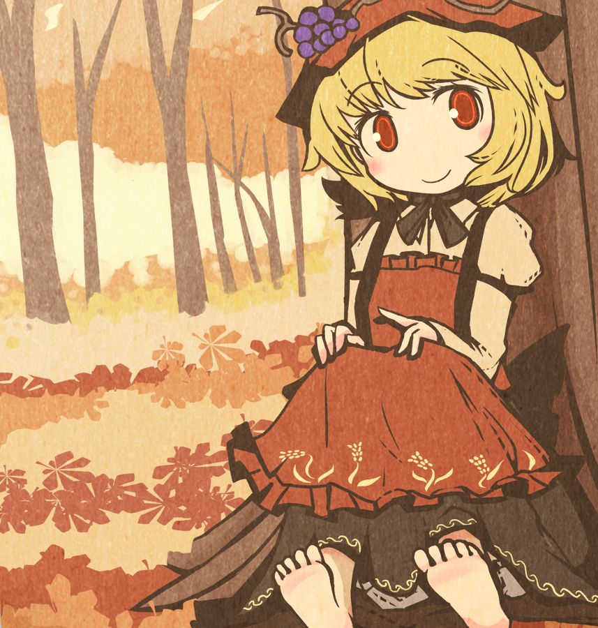 1girl aki_minoriko akihiyo autumn barefoot blonde_hair dress feet female_focus food fruit grapes hat leaf maple_leaf nature red_eyes ribbon short_hair sitting skirt_hold smile solo touhou