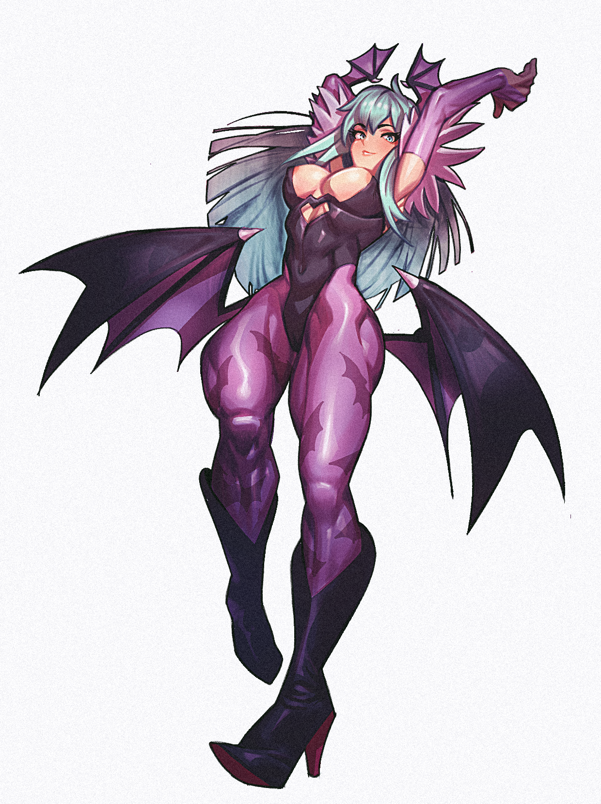 1girl areola_slip arms_up bat_wings black_boots black_leotard blunt_bangs blush boots breasts covered_navel darkstalkers elbow_gloves full_body gloves green_eyes green_hair grin head_wings high_heel_boots high_heels highres jin_rou knee_boots large_breasts leotard lips long_hair morrigan_aensland pantyhose parted_lips print_pantyhose purple_gloves purple_pantyhose smile solo wings