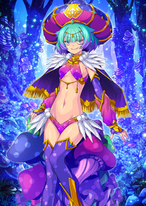 1girl arms_at_sides black_(artist) blue_background blunt_bangs breasts breasts_apart capelet center-flap_bangs elbow_gloves fate/grand_order fate_(series) feet_out_of_frame fingerless_gloves game_cg gloves gold_choker green_hair grin groin hair_over_eyes hat locusta_(fate) locusta_(third_ascension)_(fate) looking_to_the_side multicolored_hair mushroom navel official_art outdoors panties pink_panties pointy_ears purple_capelet purple_eyes purple_gloves purple_hair purple_hat purple_thighhighs revealing_clothes sharp_teeth short_hair sideboob sidelocks sling_bikini_top small_breasts smile solo standing stomach teeth thighhighs third-party_source two-tone_hair underboob underwear