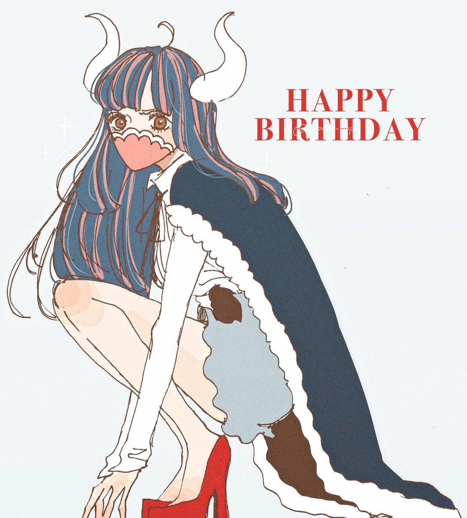 1girl ahoge bare_legs blue_cape blue_dress blue_hair brown_eyes cape dress female_focus film_grain from_side full_body fur-trimmed_cape fur_trim hands_on_ground happy_birthday high_heels horns legs legs_together long_hair long_sleeves looking_at_viewer mask mouth_mask multicolored_hair no_socks one_piece pastel_colors pink_hair pink_mask platform_footwear platform_heels platform_shoes red_shoes shoes short_dress simple_background solo squatting two-tone_hair ulti_(one_piece) white_background white_horns white_sleeves yoru_onp