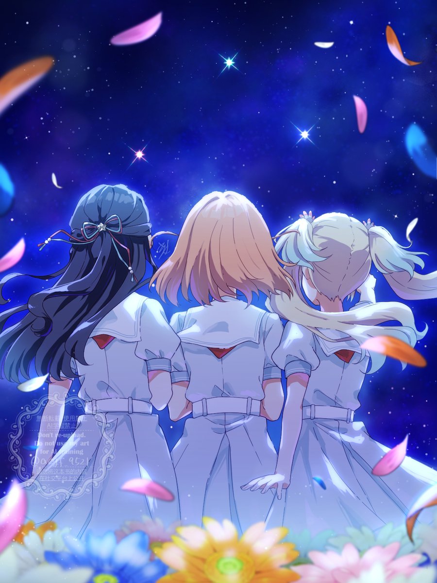 3girls blue_flower blue_hair blue_petals blue_ribbon commentary_request daisy_(flower) dress facing_away falling_petals floating_hair flower from_behind gradient_hair hair_flower hair_ornament hair_ribbon half_updo hasu_no_sora_school_uniform highres hinoshita_kaho kyaku_tasu link!_like!_love_live! long_hair love_live! medium_hair multicolored_hair multiple_girls murano_sayaka neckerchief night night_sky orange_flower orange_hair orange_petals osawa_rurino outdoors petals pink_flower pink_petals pleated_dress puffy_short_sleeves puffy_sleeves red_neckerchief red_ribbon ribbon sailor_collar sailor_dress school_uniform short_sleeves sky star_(sky) star_(symbol) star_hair_ornament starry_sky summer_uniform virtual_youtuber watermark white_dress white_flower white_sailor_collar