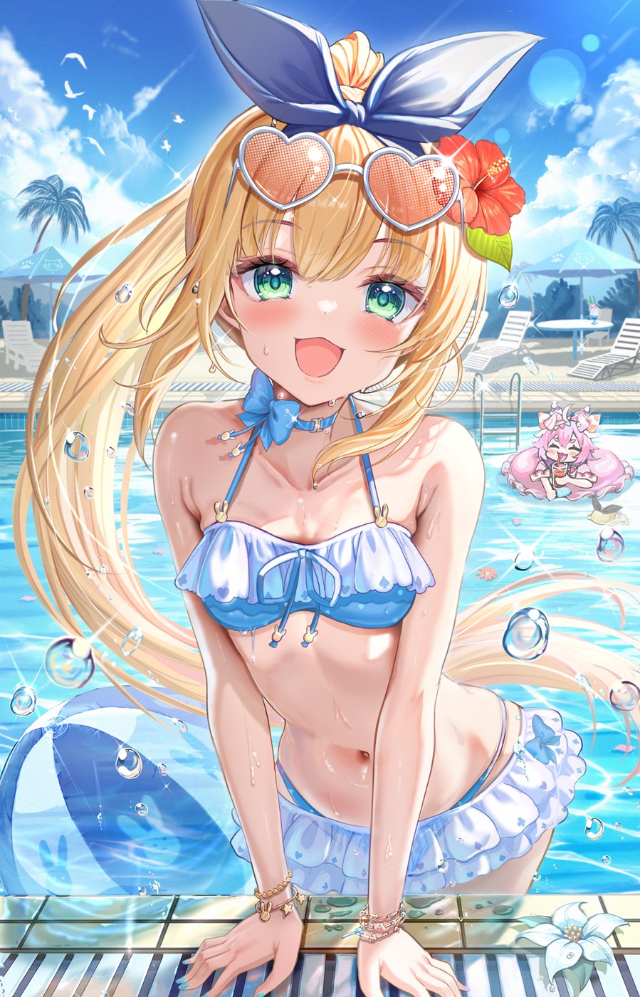 2girls :d ^_^ akabane_(zebrasmise) animal_print aqua_nails arched_back arm_support ball beach_chair beachball bikini bird blonde_hair blue_choker blue_hairband blue_sky blurry blush bokeh bow bow_choker bracelet caustics choker closed_eyes cloud coconut_tree collarbone cowlick day depth_of_field double-parted_bangs drinking eyewear_on_head flower food frilled_bikini frills gold_bracelet green_eyes hair_flower hair_ornament hairband heart heart-shaped_eyewear hibiscus high_ponytail highres holding holding_swim_ring ice_cream innertube jewelry long_hair looking_at_viewer mononobe_alice multiple_girls navel nijisanji open_mouth outdoors palm_tree partially_submerged pink_hair ponytail pool pool_ladder poolside rabbit_print round_table sea_slug_girl seagull short_hair sidelocks sky smile solo_focus sparkle summer sundae swim_ring swimsuit table tree umbrella ushimi_ichigo very_long_hair virtual_youtuber water wet white_bikini
