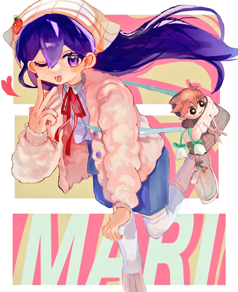 1girl alternate_eye_color alternate_hair_color bag character_doll commentary_request doll flower foot_out_of_frame handbag heart hero_(faraway)_(omori) hero_(omori) jacket lily_of_the_valley long_hair long_sleeves looking_at_viewer mari_(birthday)_(omori) mari_(faraway)_(omori) mari_(omori) omori one_eye_closed open_mouth purple_eyes purple_hair solo standing standing_on_one_leg stuffed_toy thighhighs tokkooyaku v white_jacket white_thighhighs