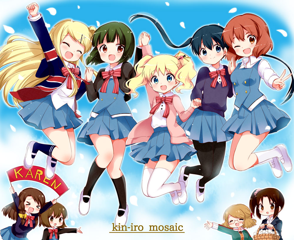 &gt;_&lt; 6+girls absolutely_everyone alice_cartelet black_socks black_suit blonde_hair blouse blue_eyes blue_hair bob_cut bowtie brown_hair character_name character_request collared_shirt commentary_request copyright_name everyone formal_clothes hair_bun hair_ornament hara_yui higurashi_kana holding_hands inokuma_youko interlocked_fingers karasuma_sakura kin-iro_mosaic kneehighs komichi_aya kujou_karen kuzehashi_akari long_hair looking_at_viewer matsubara_honoka multiple_girls official_art one_eye_closed oomiya_shinobu pantyhose school_uniform shirt shirt_tucked_in short_hair single_hair_bun single_side_bun smile socks striped_bow striped_bowtie striped_clothes suit thighhighs twintails union_jack white_legwear white_shirt x_hair_ornament