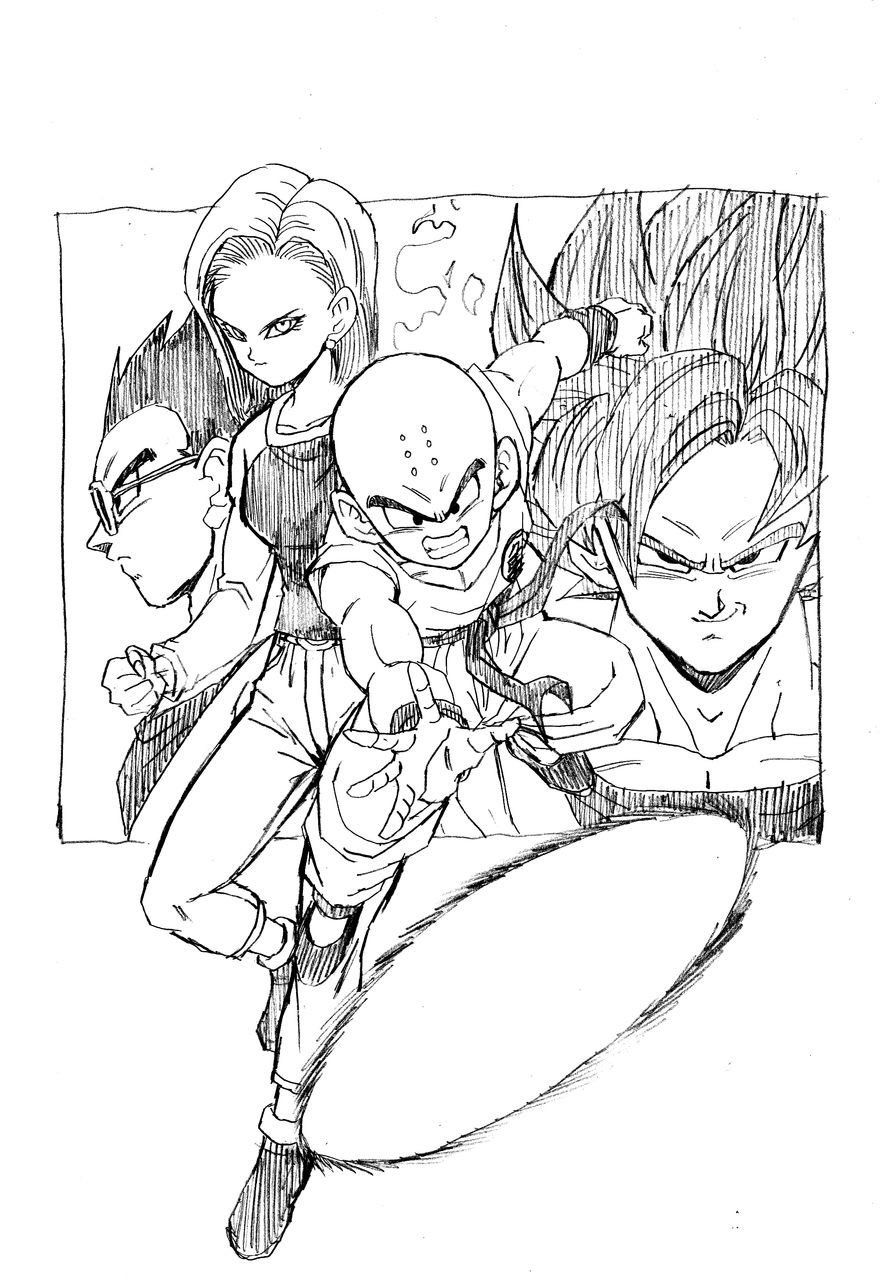 1girl 2boys android_18 aura bald bald_male couple dragon_ball dragon_ball_super father_and_son highres husband_and_wife kienzan kuririn multiple_boys muscular muscular_male son_gohan son_goku super_saiyan super_saiyan_blue toriyama_akira_(style) young_jijii youngjijii