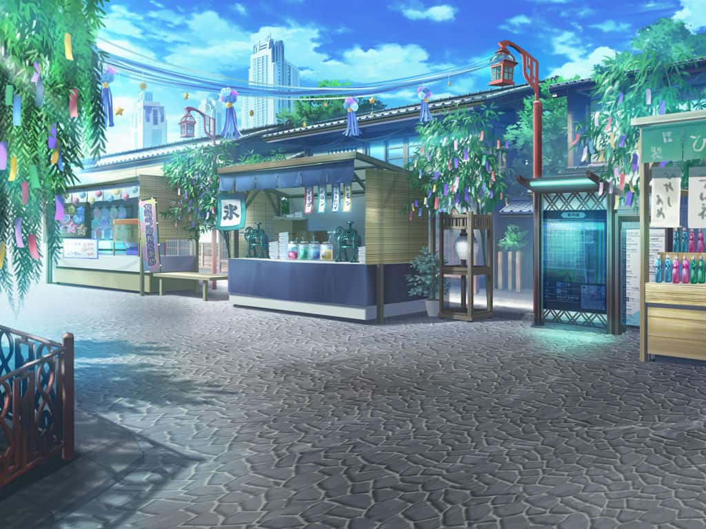architecture artist_request blue_sky bottle cloud cobblestone day east_asian_architecture fence food_stand game_cg lamppost magia_record:_mahou_shoujo_madoka_magica_gaiden mahou_shoujo_madoka_magica map no_humans official_art outdoors scenery sky skyline sparkle stream tanabata tanzaku town tree willow
