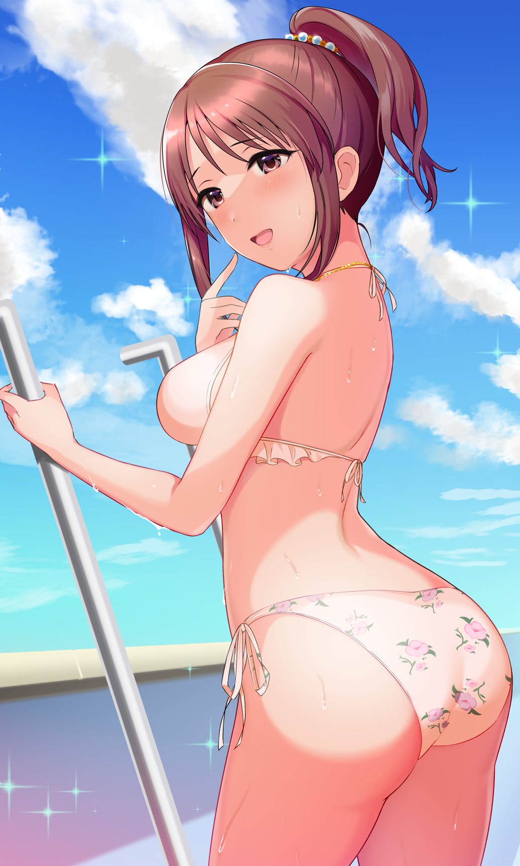 1girl ass bikini blue_sky breasts brown_eyes brown_hair cloud cowboy_shot day floral_print frilled_bikini frills highres idolmaster idolmaster_cinderella_girls large_breasts looking_at_viewer mifune_miyu natsuya_(natuya777) outdoors pool_ladder short_hair side-tie_bikini_bottom sky solo sparkle swimsuit white_bikini