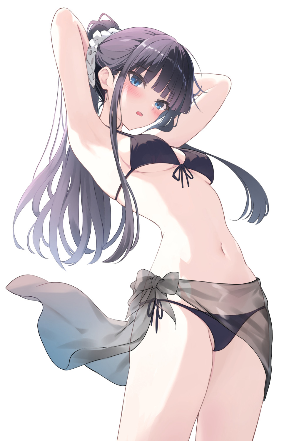 1girl arms_up bikini black_bikini black_hair blue_eyes blunt_bangs blush breasts center_opening commission cowboy_shot highres long_hair lowleg lowleg_bikini medium_breasts navel nun_9 scrunchie see-through_clothes see-through_skirt side-tie_bikini_bottom skeb_commission skirt stomach string_bikini swimsuit touma_kazusa white_album_(series) white_album_2 white_background white_scrunchie