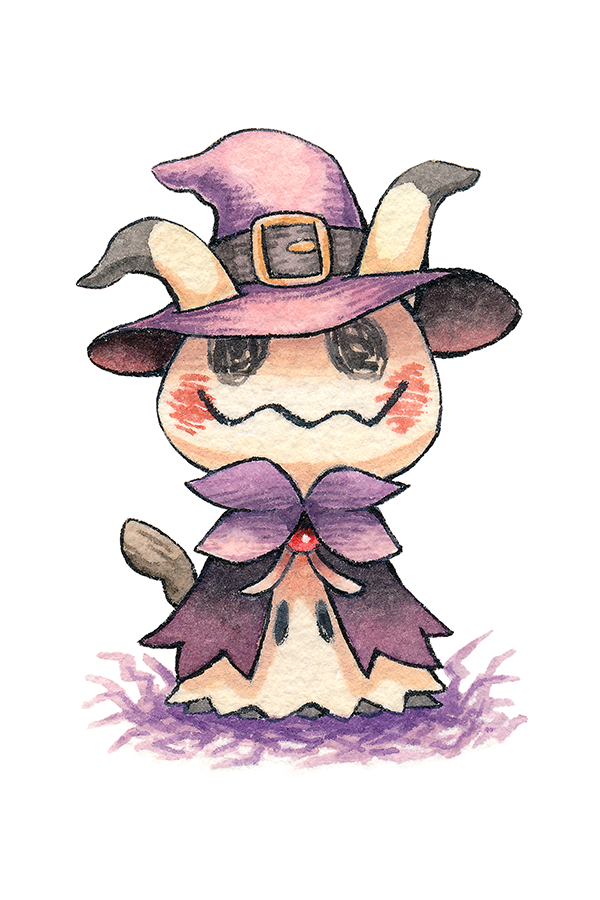 cloak commentary ears_through_headwear english_commentary full_body gen_7_pokemon hat looking_at_viewer mimikyu nintendo no_humans oliver_hamlin pokemon purple_cloak purple_hat simple_background solo white_background witch_hat