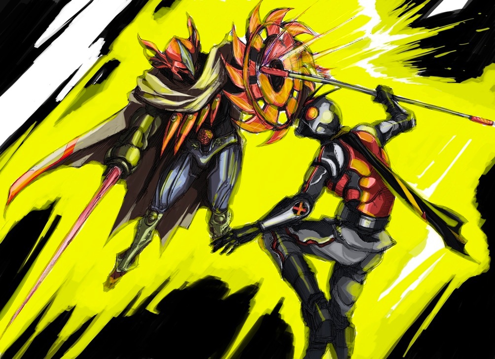 2boys antennae apollo_geist bad_id bad_pixiv_id battle belt cape chun_(pixiv178364) gachirin kamen_rider kamen_rider_x kamen_rider_x_(series) multiple_boys rapier rod scarf shield sword weapon