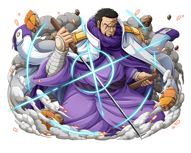 1boy bandaged_arm bandages black_hair facial_hair fujitora_(one_piece) holding holding_sword holding_weapon jacket japanese_clothes katana military_jacket official_art one_piece one_piece_treasure_cruise purple_robe robe scar scar_across_eye scar_on_face short_hair sword weapon