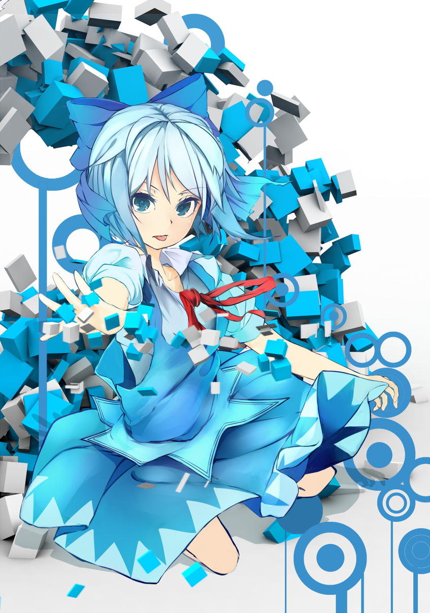 1girl bad_id bad_pixiv_id blue_eyes blue_hair cirno cube female_focus gradient_background hair_ribbon highres kneeling looking_at_viewer matching_hair/eyes outstretched_arm puffy_sleeves radiosity_(yousei) ribbon shirt short_hair short_sleeves skirt skirt_set solo tongue tongue_out touhou vest