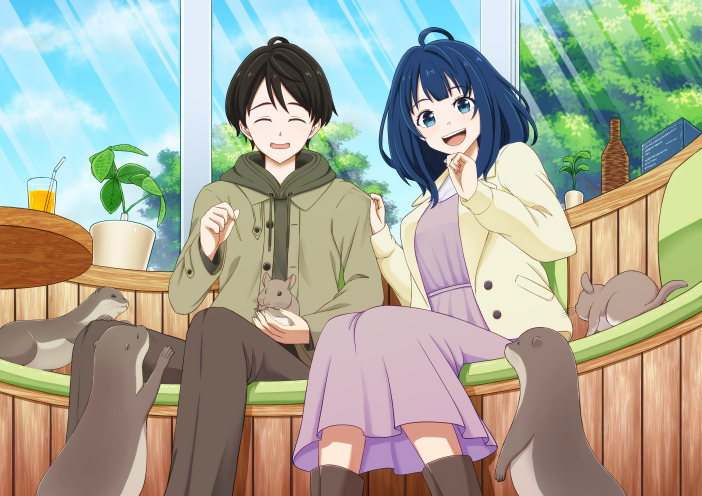 1boy 1girl black_hair blue_hair brown_pants dress make_heroine_ga_oo_sugiru! nukumizu_kazuhiko otter pants purple_dress yanami_anna