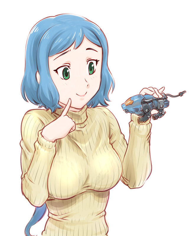 10s 1girl blue_hair female_focus green_eyes gundam gundam_build_fighters iori_rinko long_hair mature_female ponytail ribbed_sweater shield_liger simple_background smile solo sweater toy turtleneck ueyama_michirou white_background zoids