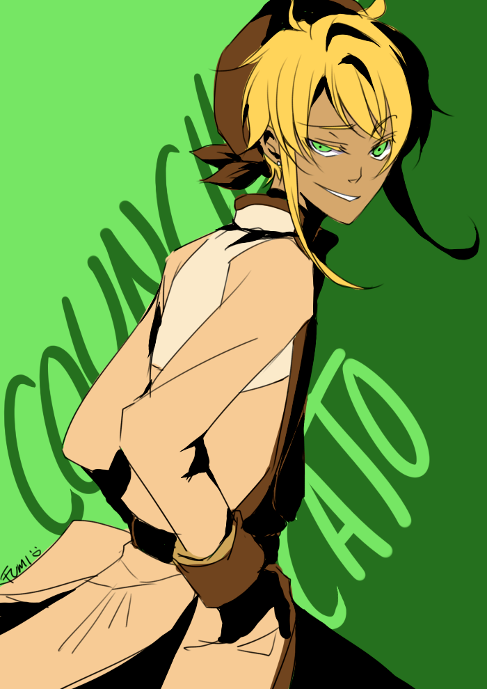 1boy acolyte_(ragnarok_online) blonde_hair brown_bandana brown_coat brown_gloves cassock coat cowboy_shot dark-skinned_male dark_skin fumiddition gloves green_background green_eyes grin long_sleeves looking_at_viewer male_focus ragnarok_online raised_eyebrow short_hair smile solo