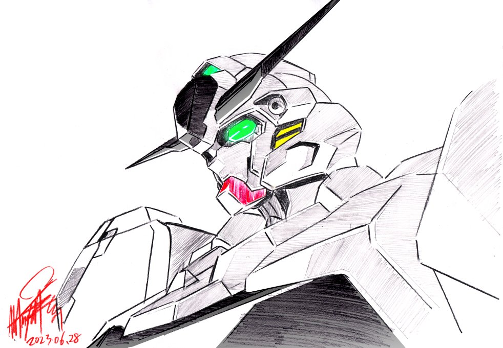 dated gundam gundam_calibarn gundam_suisei_no_majo mecha mecha_focus mobile_suit no_humans robot science_fiction signature solo traditional_media upper_body v-fin white_background zzz_sakaz