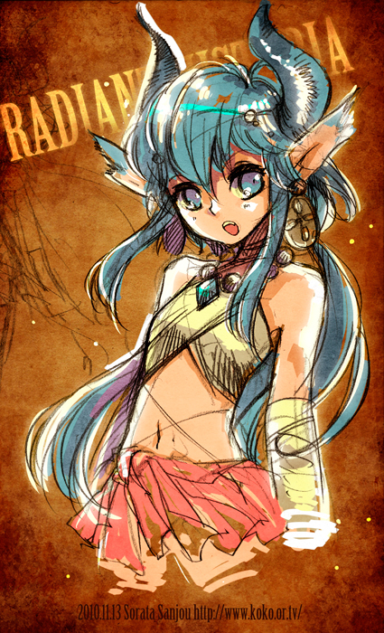 10s 1girl 2010 aht animal_ears aqua_hair artist_name atlus blue_eyes copyright_name dated earrings female_focus horns jewelry long_hair midriff monster_girl navel open_mouth radiant_historia sanjou_sorata satyr solo watermark web_address